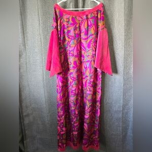 Vtg 70s Handmade Psychedelic Bold Pink Flared Velvet Sleeve Maxi Kaftan Sz XL